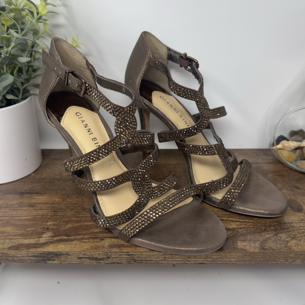 Gianni Bini Gold Crystals Leather Sole 7M Women's Shoes 4" Heels Ankle Strap